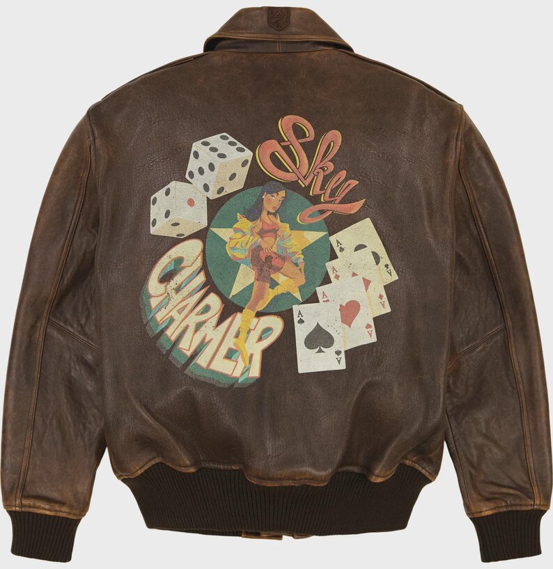 May include: Brown leather bomber jacket with a graphic on the back featuring dice, playing cards, and a pin-up girl. The text "Sky Charmer" is also displayed. The jacket has a ribbed collar and cuffs.