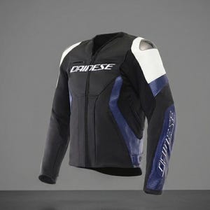 May include: Black and blue motorcycle jacket with white accents. The jacket features the brand name "DAINESE" in white lettering on the chest and sleeves. The jacket has a zipper closure and is designed for protection.