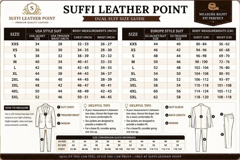May include: A dual suit size guide from Suffi Leather Point. The chart provides measurements in inches for USA style suits and centimeters for Europe style suits. Includes jacket, trouser, chest, and waist sizes.