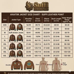 May include: Size chart for Suffi Aviator Jackets, featuring measurements in inches and centimeters. Includes shoulder, chest, sleeve, and back length dimensions, along with approximate body weight ranges. The chart displays sizes from XXS to 6XL.