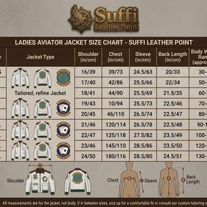 Peut inclure: Tableau des tailles pour vestes aviateur pour femmes de Suffi Leather Point. Le tableau comprend le type de veste, les mesures des &eacute;paules, de la poitrine, des manches et du dos en pouces et en centim&egrave;tres, ainsi que les plages de poids corporel en kilogrammes. Tailles de XXS &agrave; 6XL.
