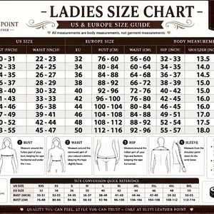May include: A ladies' size chart with US and Europe size guides. The chart includes bust, waist, hip, shoulder, and sleeve measurements in inches and centimeters. It also provides size conversion and helpful tips for a better fit.