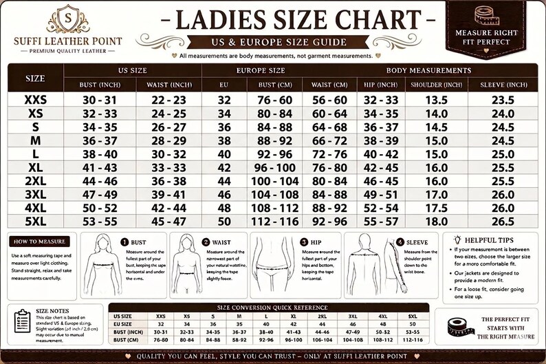 May include: A ladies' size chart with US and Europe size guides. The chart includes bust, waist, hip, shoulder, and sleeve measurements in inches and centimeters. It also provides size conversion and helpful tips for a better fit.