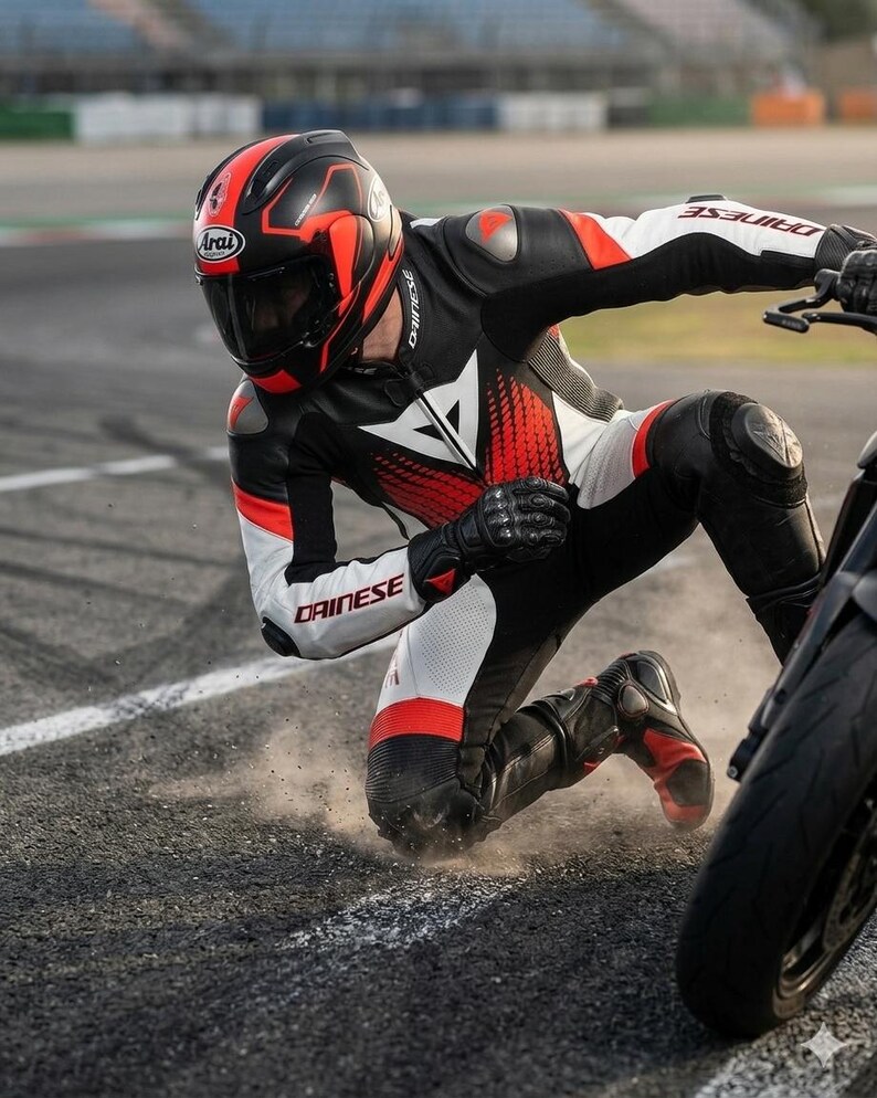 May include: A person wearing a black, white, and red motorcycle racing suit and helmet, kneeling near a motorcycle. The helmet has the brand name "Arai" on it. The suit has the brand name "Dainese" on it.