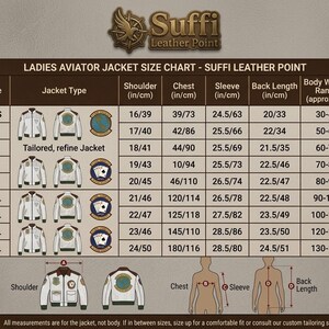 May include: A size chart for Ladies Aviator Jackets by Suffi Leather Point. The chart includes jacket type, shoulder, chest, sleeve, and back length measurements in inches and centimeters, along with body weight ranges in kilograms. Sizes range from XXS to 6XL.