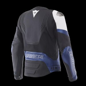 May include: Black and blue motorcycle jacket with white accents. The jacket features the brand name "DAINESE" in white lettering on the sleeves and back. The back of the jacket has a white logo.