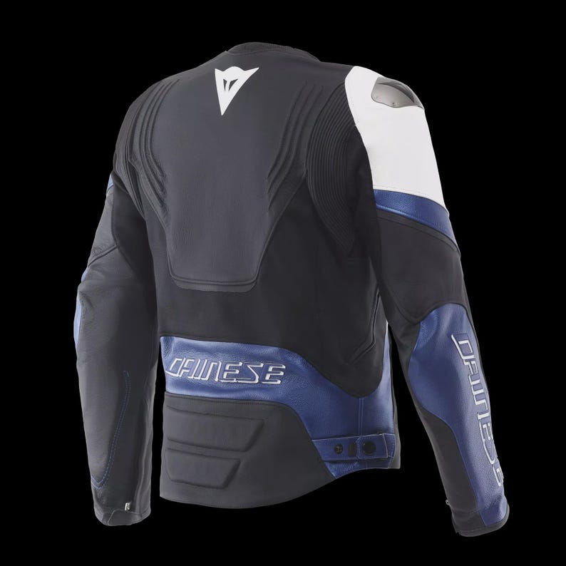 May include: Black and blue motorcycle jacket with white accents. The jacket features the brand name "DAINESE" in white lettering on the sleeves and back. The back of the jacket has a white logo.