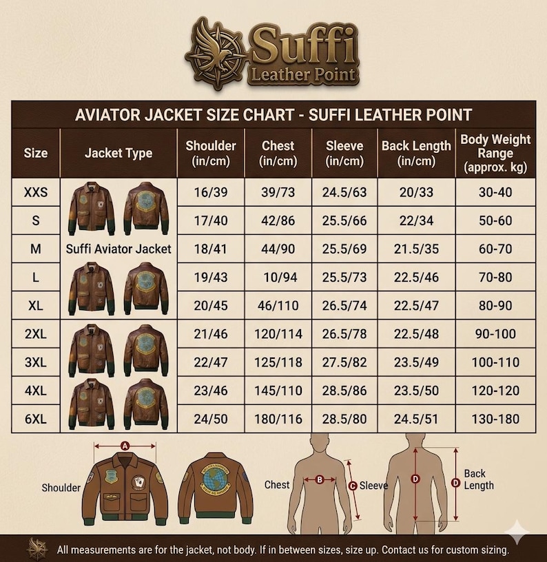 Puede incluir: Una tabla de tallas para chaquetas de aviador Suffi Leather Point, con tallas desde XXS hasta 6XL. Incluye medidas de hombros, pecho, mangas y largo de espalda en pulgadas y cent&iacute;metros, junto con rangos de peso corporal en kilogramos.