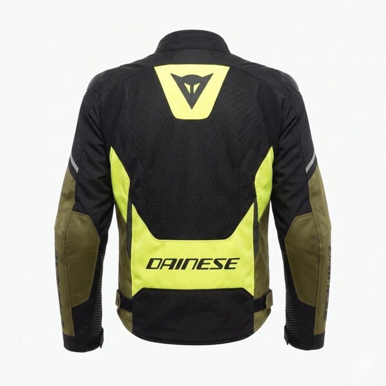 Może przedstawiać: Czarno-oliwkowo-neonowo-ż&oacute;łta kurtka motocyklowa z wysokim kołnierzem, długimi rękawami oraz wyraźnym logo Dainese na g&oacute;rnym i dolnym panelu plec&oacute;w. Kurtka została wykonana z połączenia paneli z siatki oraz materiału tekstylnego na całej powierzchni.