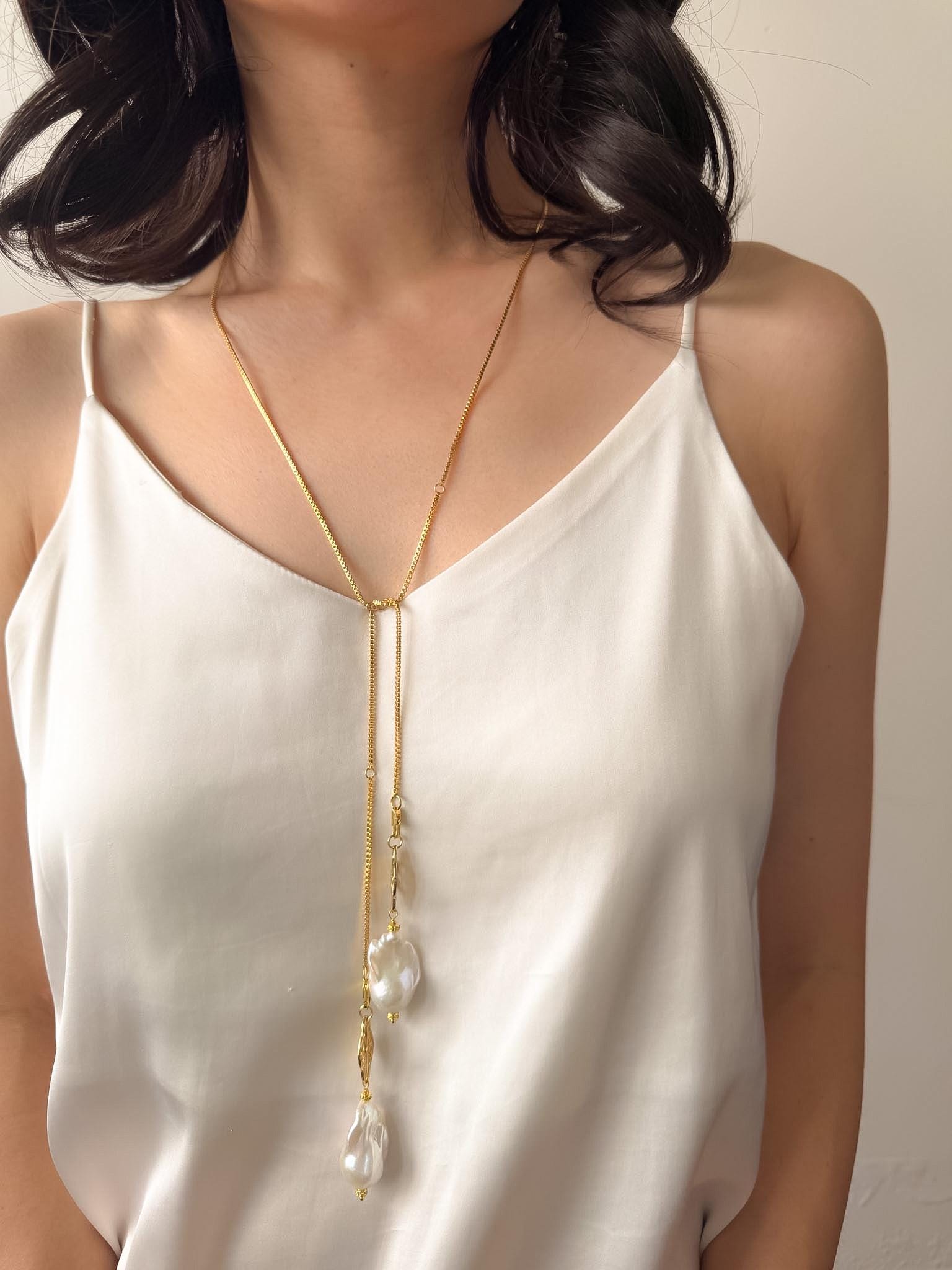 Baroque Pearl Lariat Necklace, 18K Gold Plated Adjustable Pendant Chain