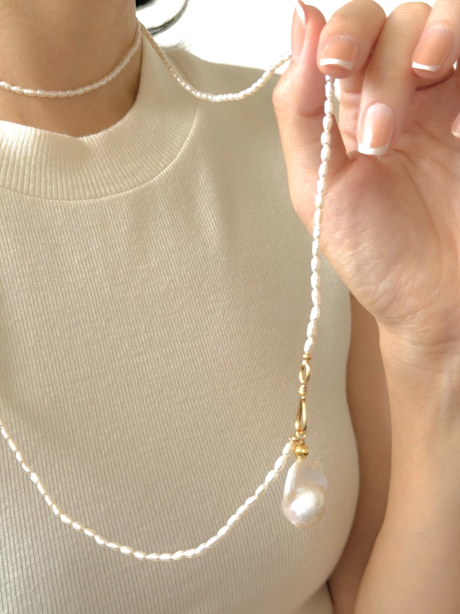 Long Freshwater Pearl Necklace, Baroque Pendant, Gold Clasp Detail