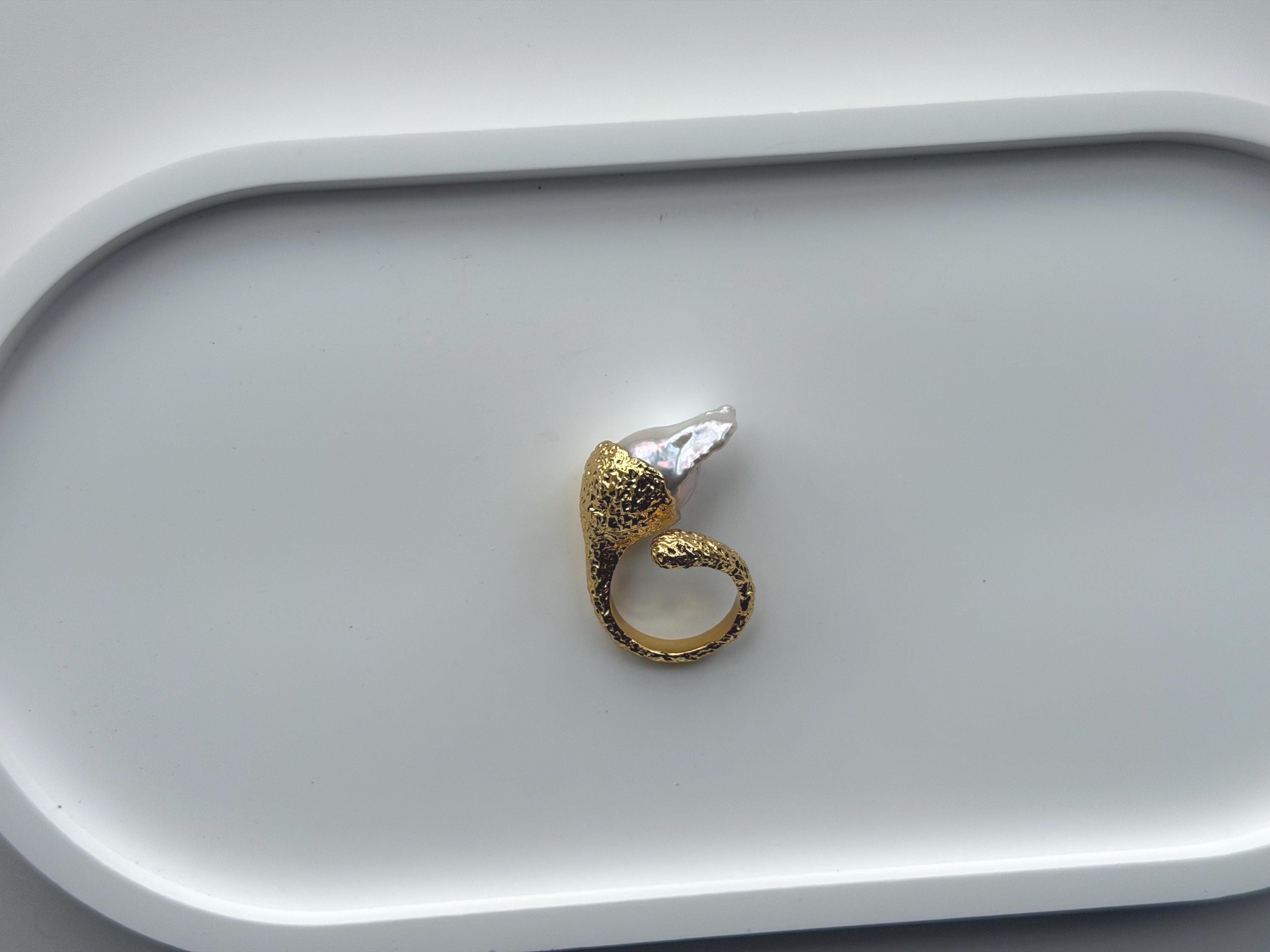 Sculptural Baroque Pearl Statement Ring, Textured 18k Gold Plated Band, Organic Freshwater Pearl