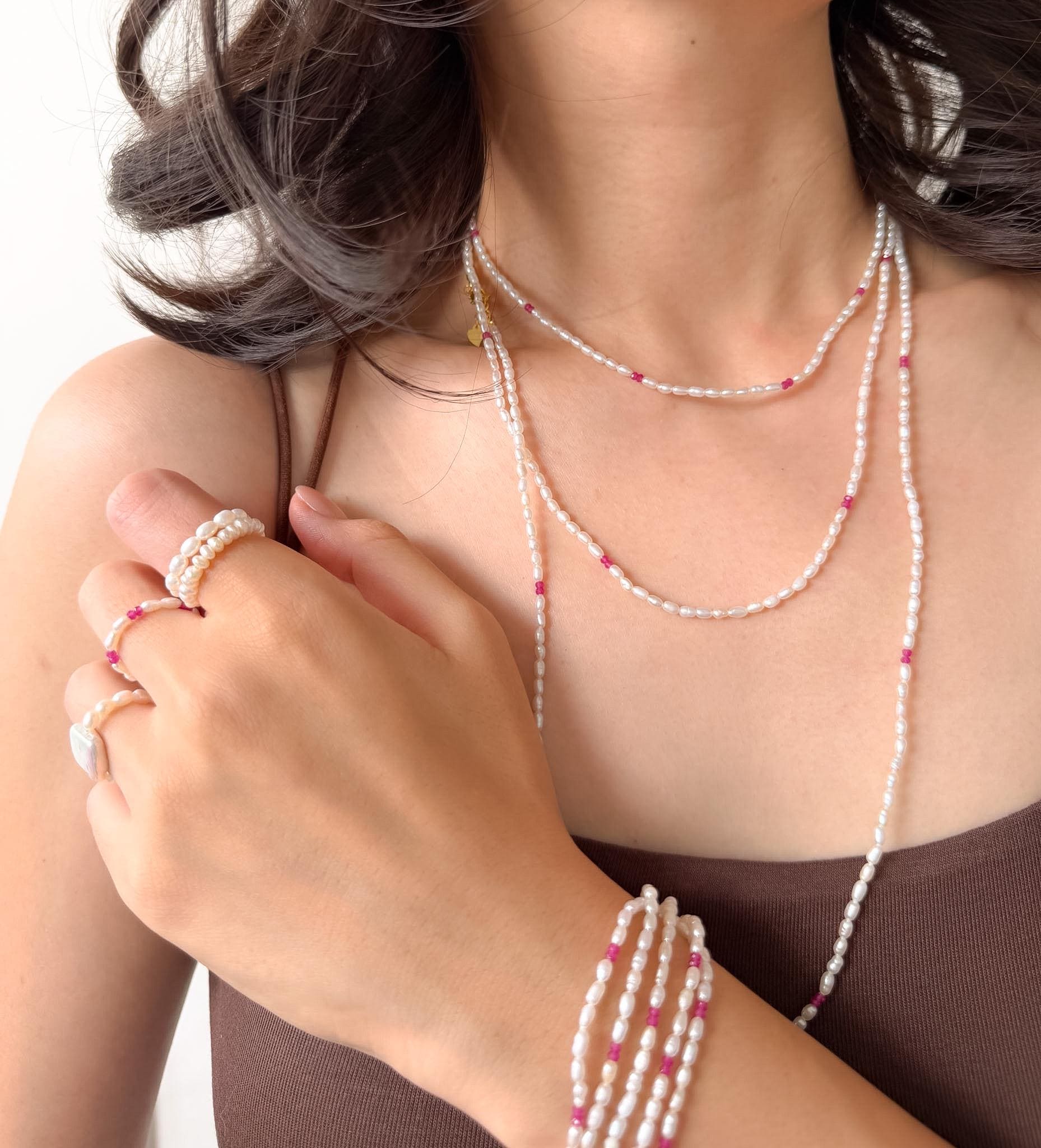 Layered Freshwater Pearl Bracelet with Pink Accents, Delicate Feminine Jewelry