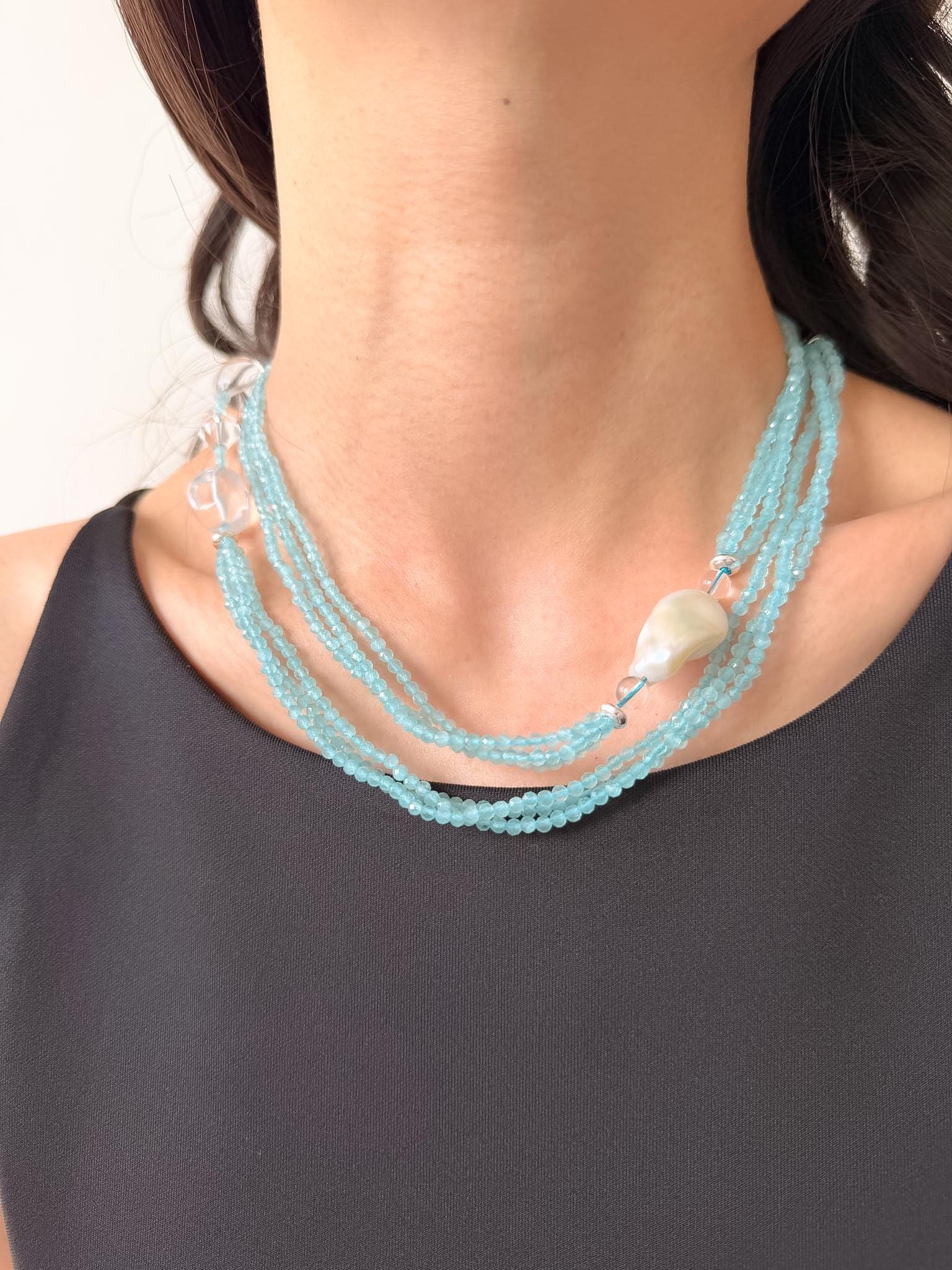 Layered Blue Cat Eye Necklace Baroque Pearl Quartz Summer Beach