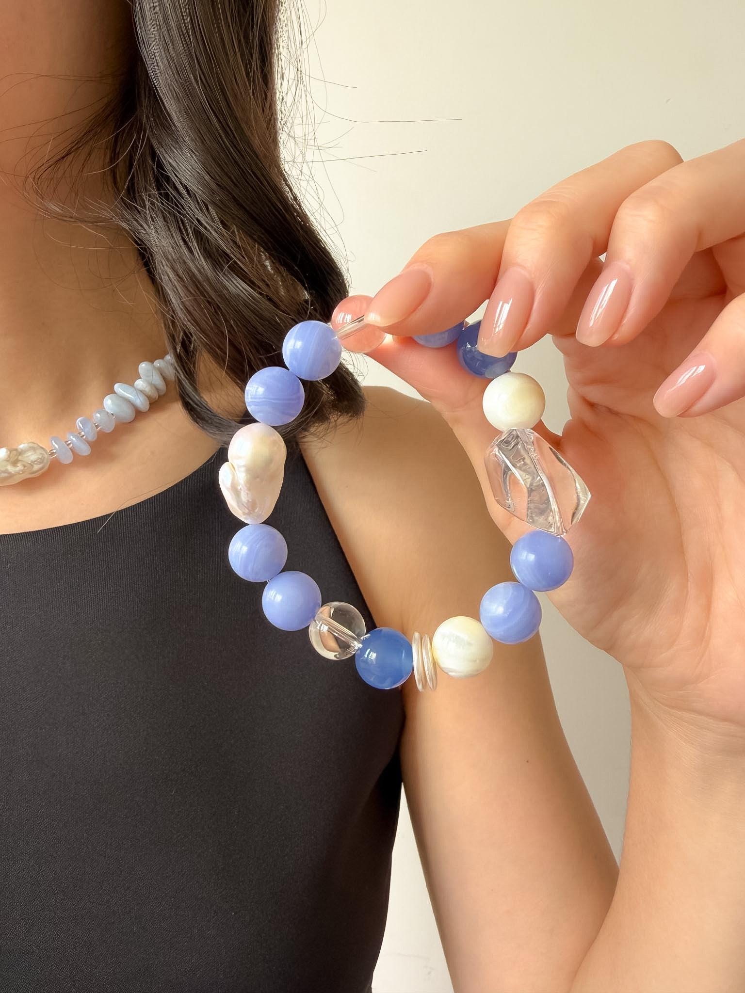 Blue Agate Baroque Pearl Bracelet, Freshwater Seaside Jewelry
