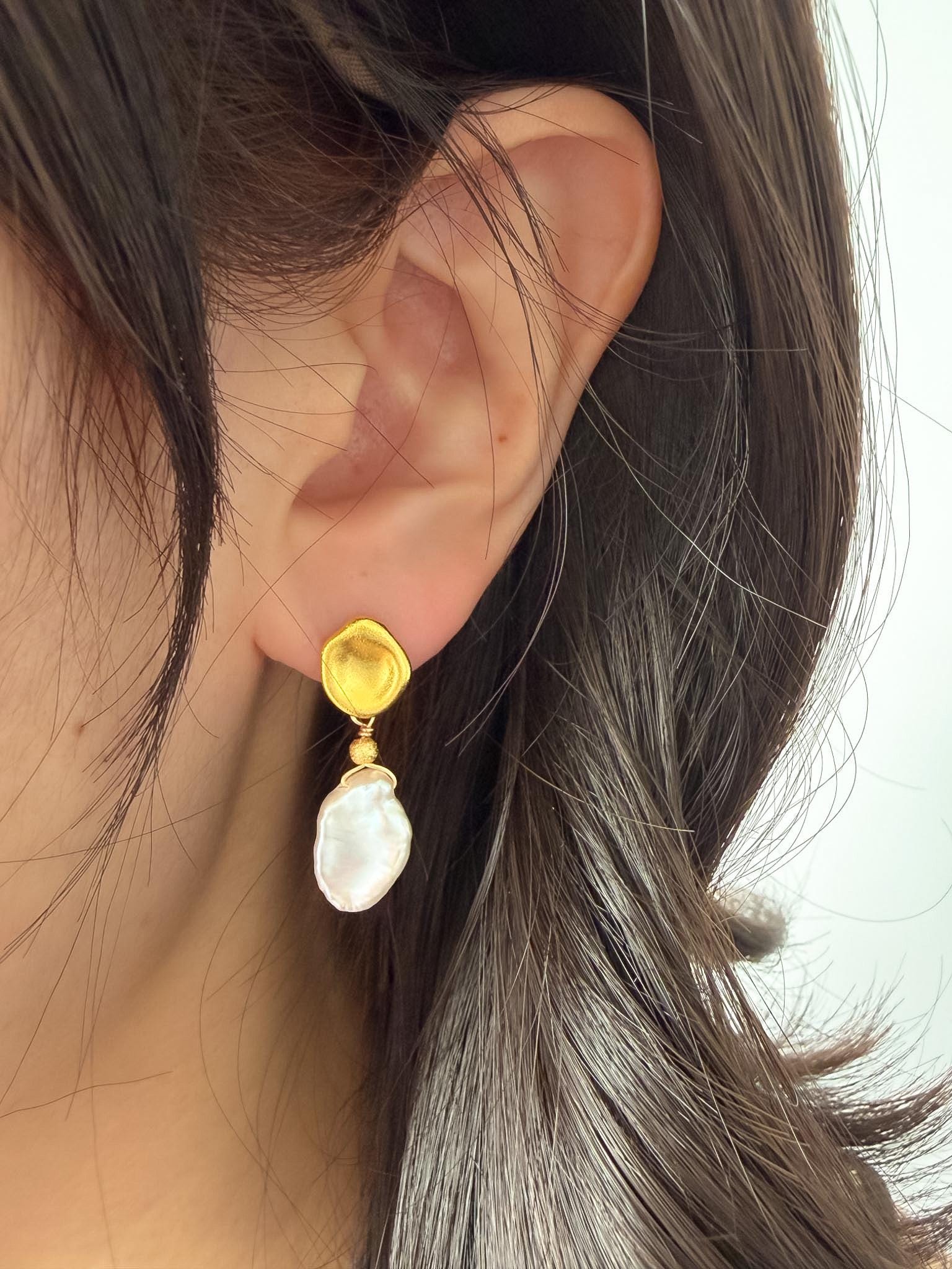 Baroque Keshi Pearl Drop Earrings, Modern Gold-Toned
