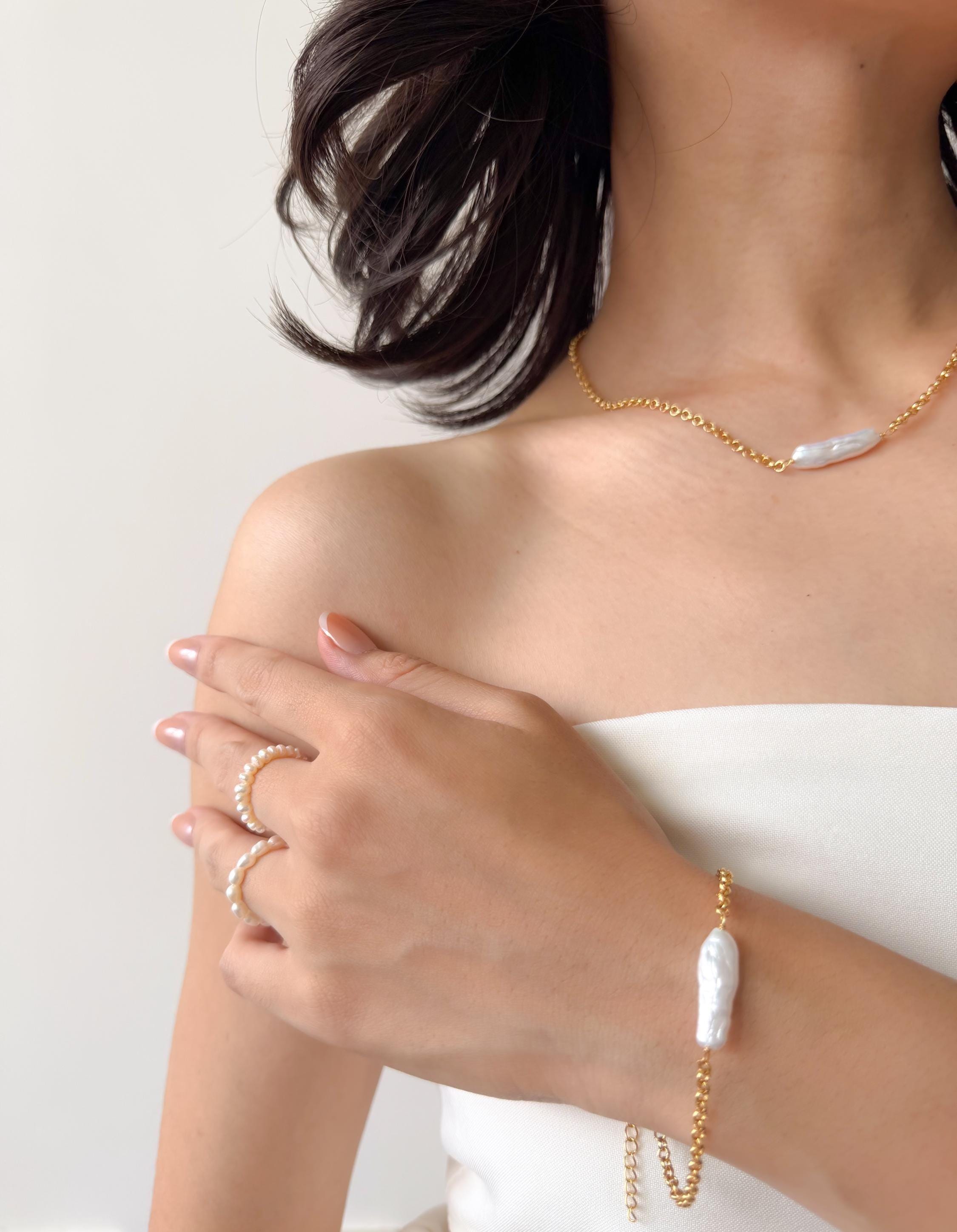 Baroque Keshi Pearl Necklace, 18k Gold Plated Chain, Minimalist