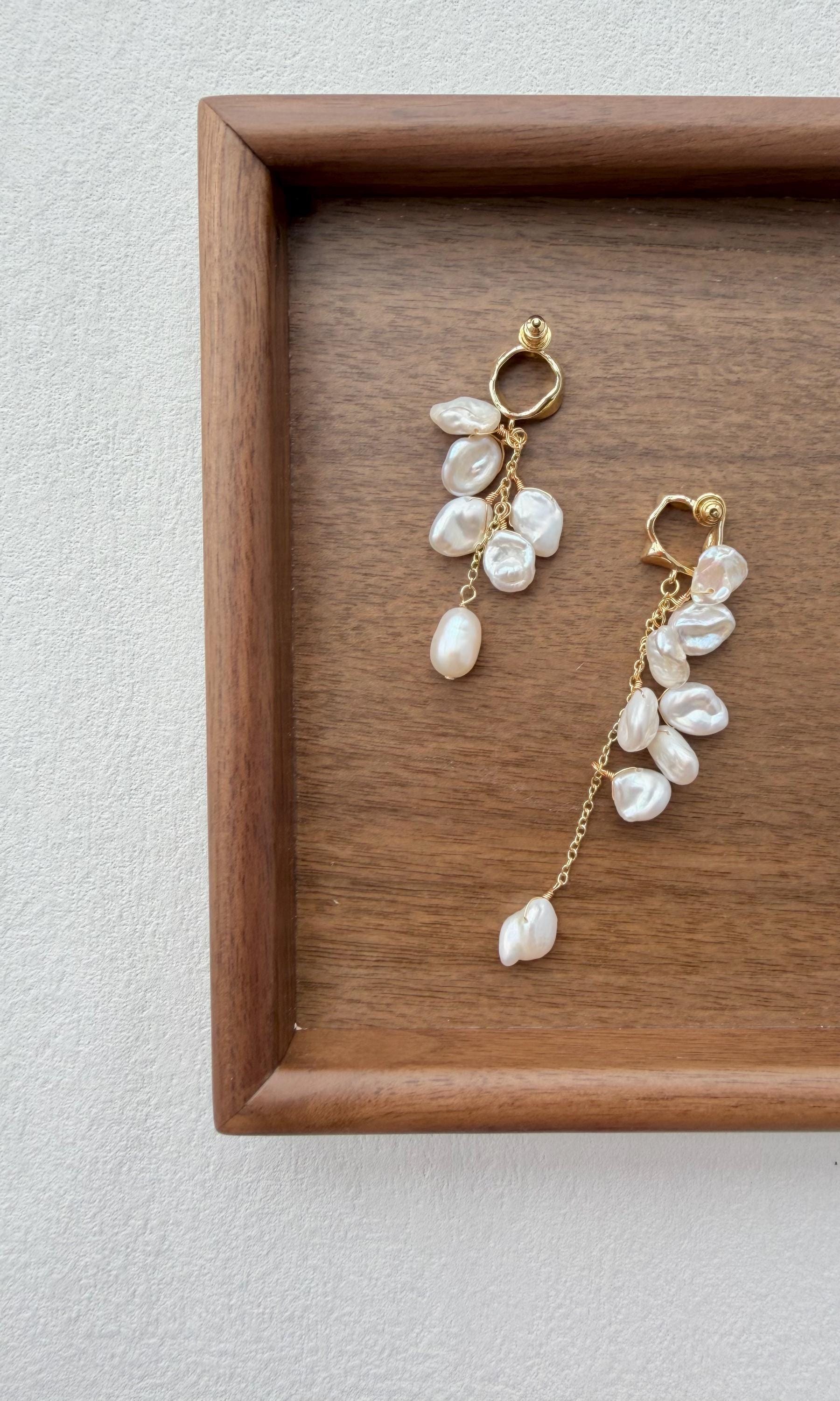 Asymmetrical Baroque Keshi Pearl Tassel Earrings, Gold Drop, Romantic Summer