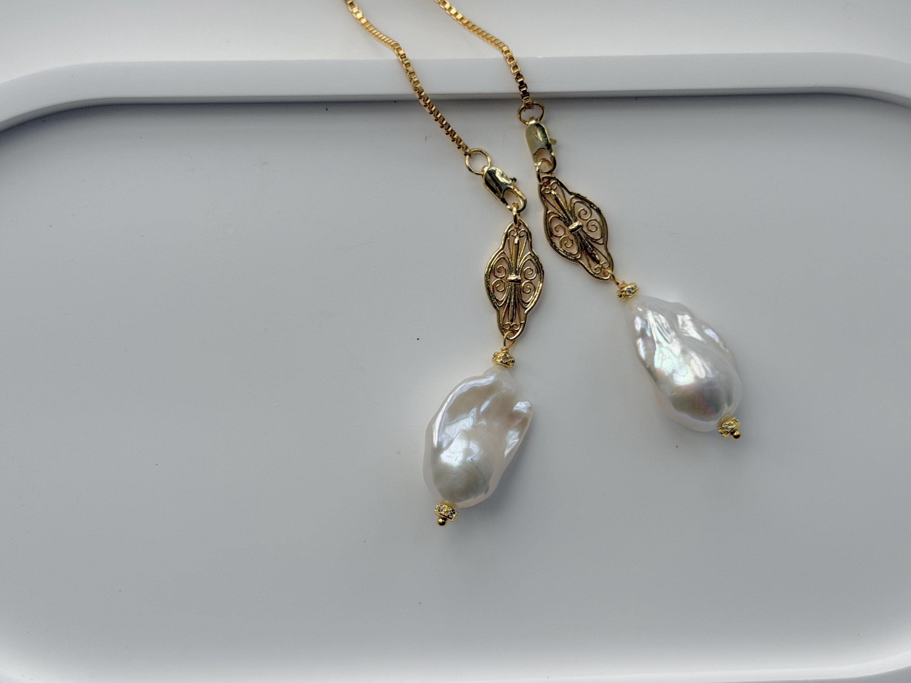 Baroque Pearl Lariat Necklace, 18K Gold Plated Adjustable Pendant Chain