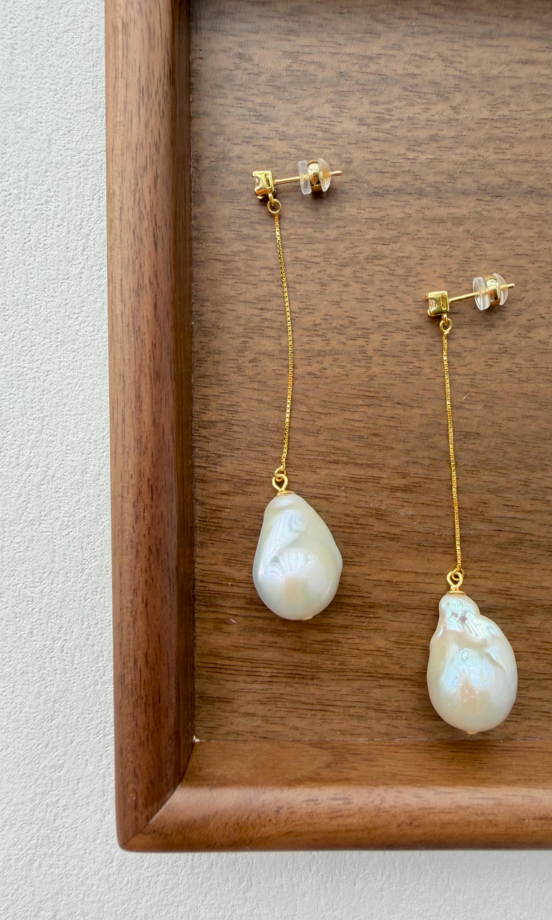 Baroque Pearl Drop Beach Earrings, Gold Chain, Romantic Statement, Wedding Earrings