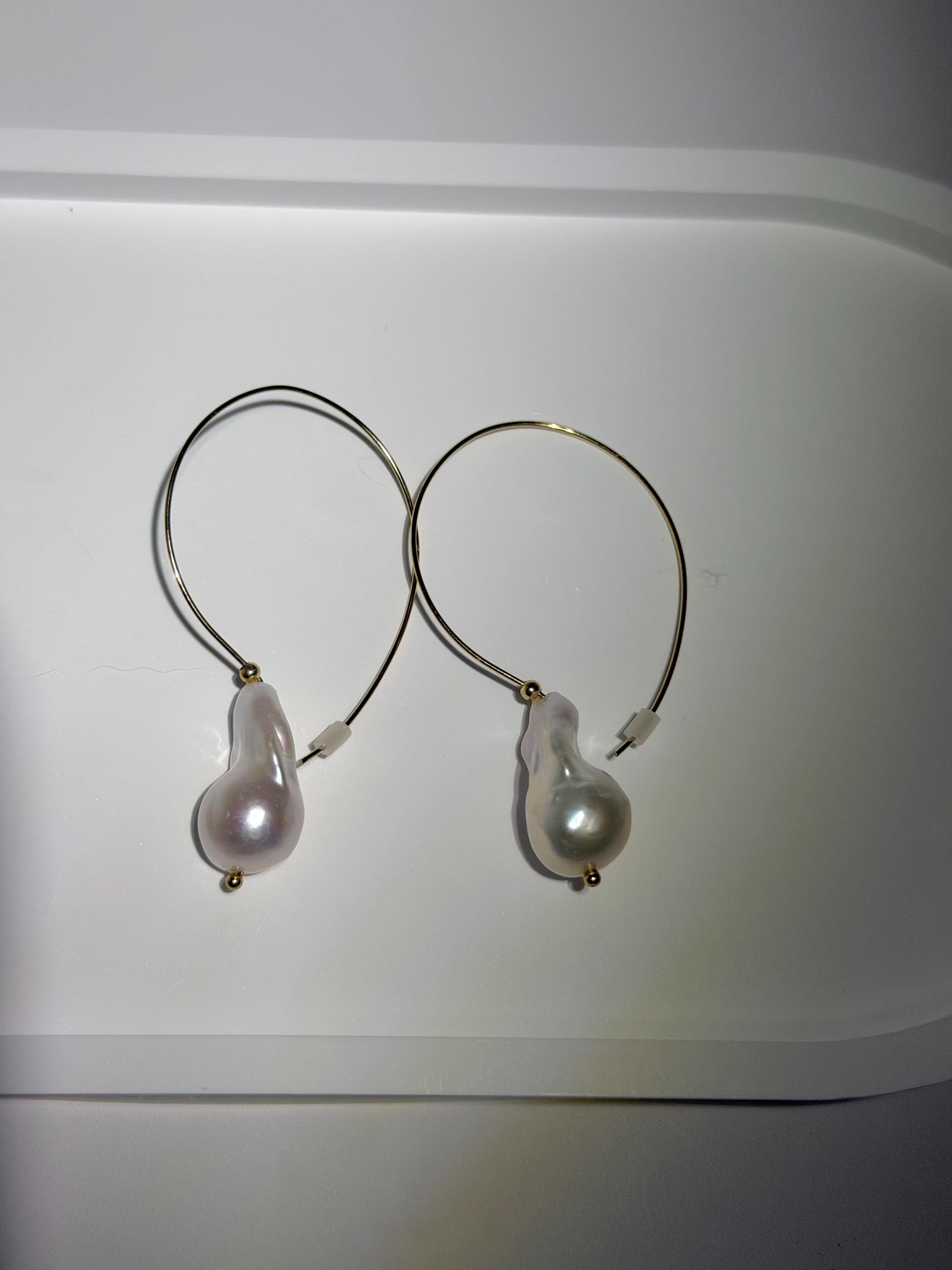 Elongated Baroque Pearl Hoop Earrings, 18K Gold Plated Statement