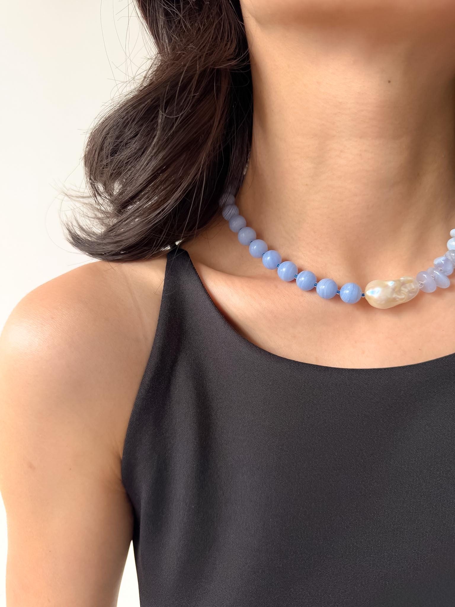 Ocean Inspired Blue Agate Necklace Baroque Pearl Quartz Summer Beach Elegant