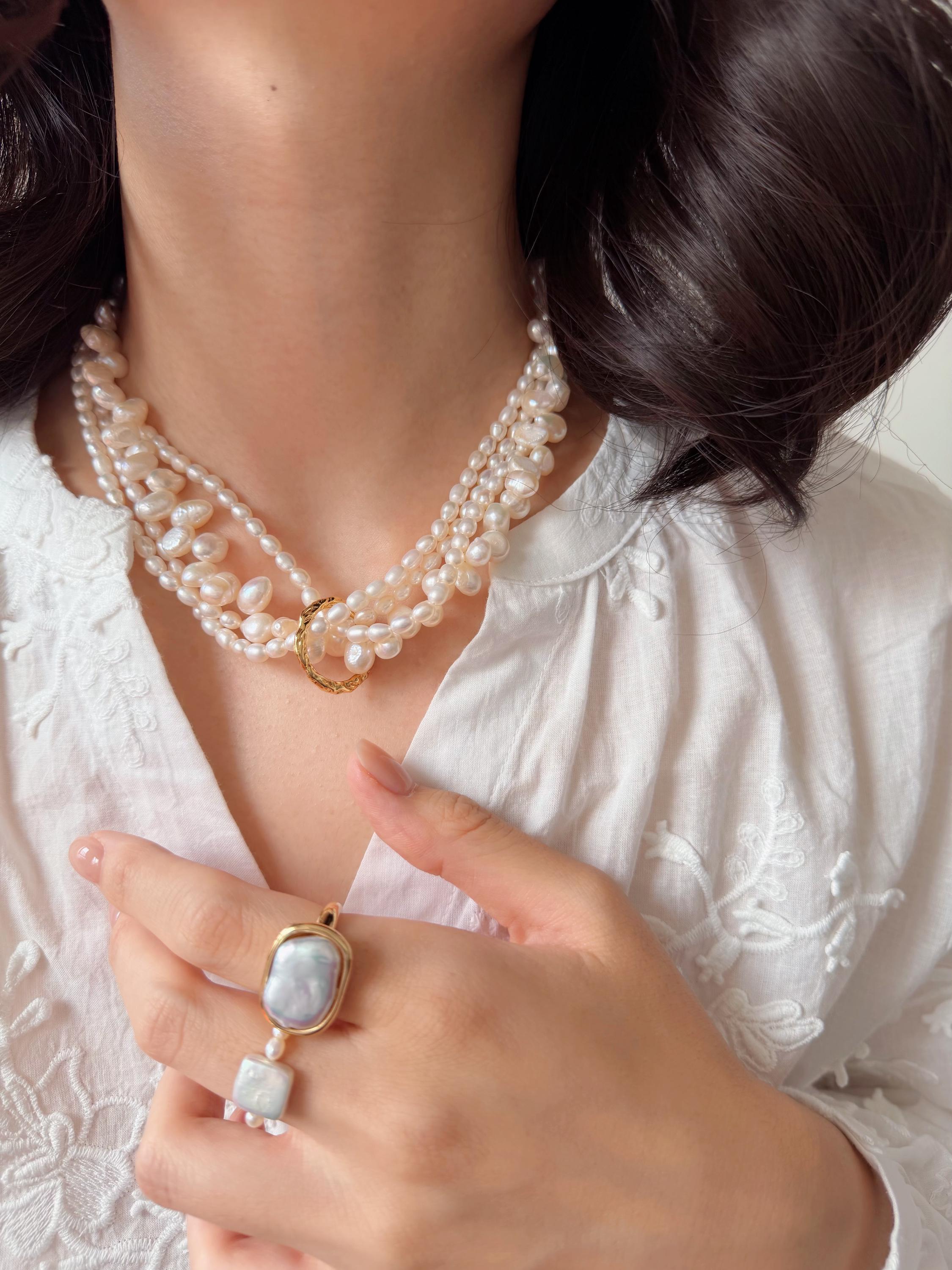 Baroque Pearl Necklace Layered Twist French Vintage 18K Gold plated Ring Statement Elegant