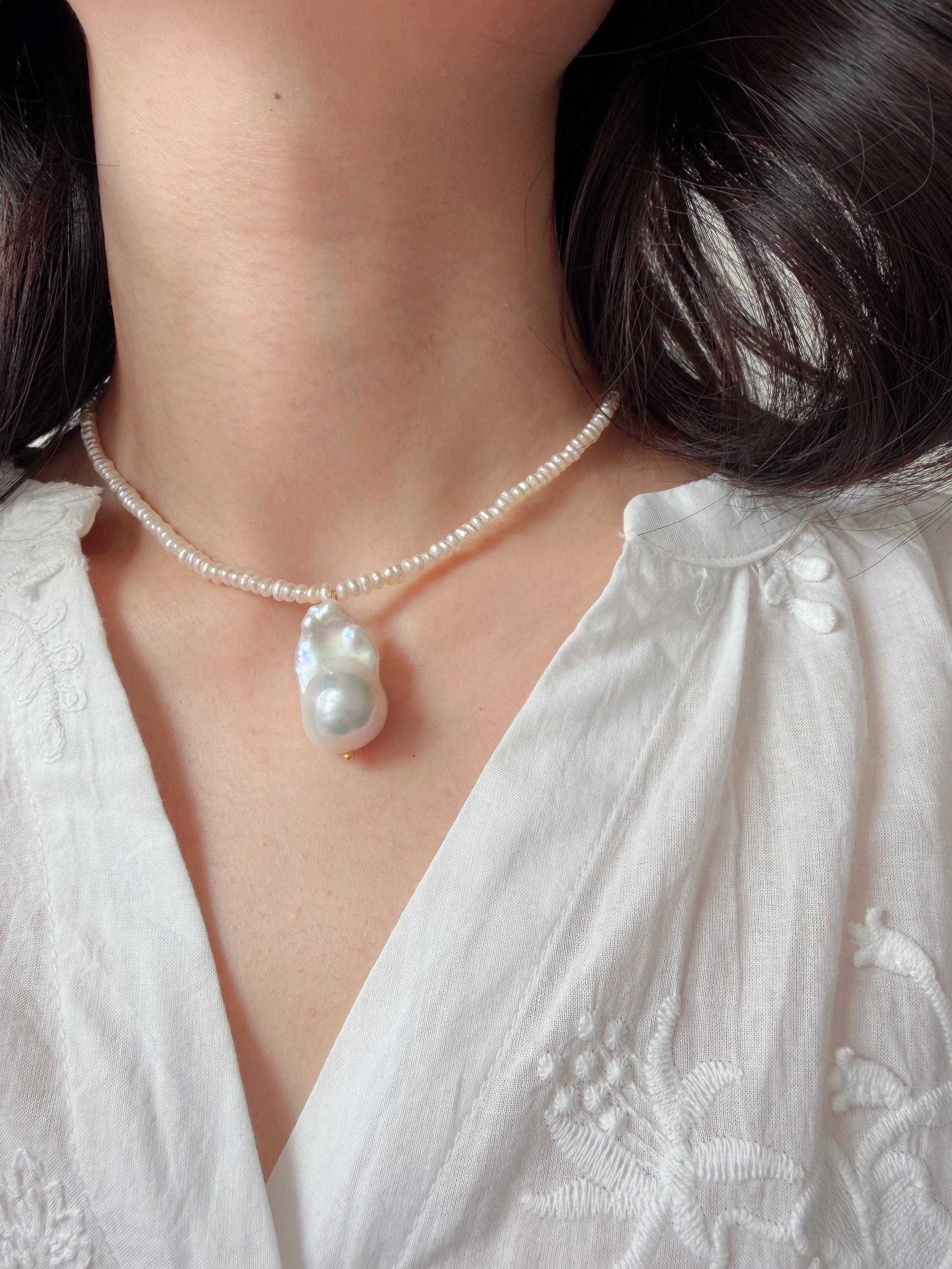 Baroque Pearl Pendant Necklace, Delicate Beaded Chain, Romantic
