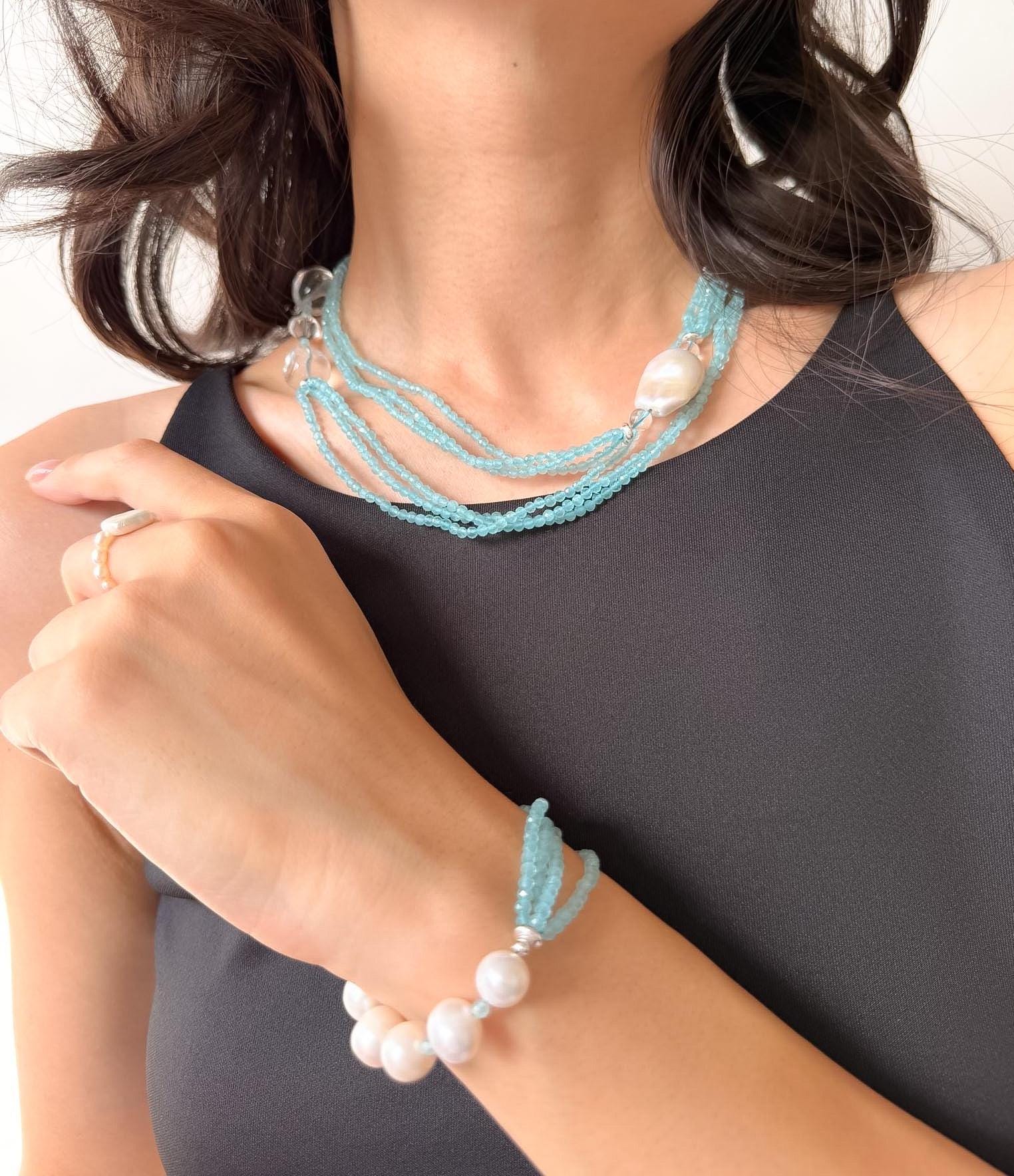 Blue Cat Eye Bracelet Baroque Pearl Quartz Summer Beach Elegant
