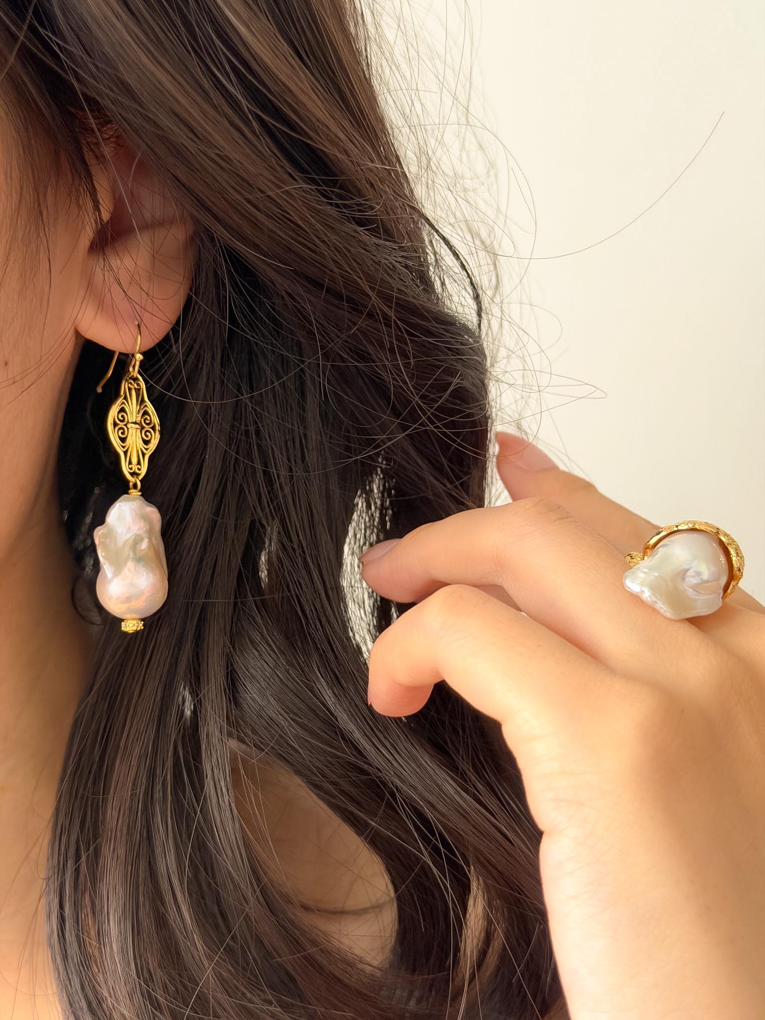 Baroque Pearl Drop Earrings 18K Gold Plated Vintage Filigree Organic Character