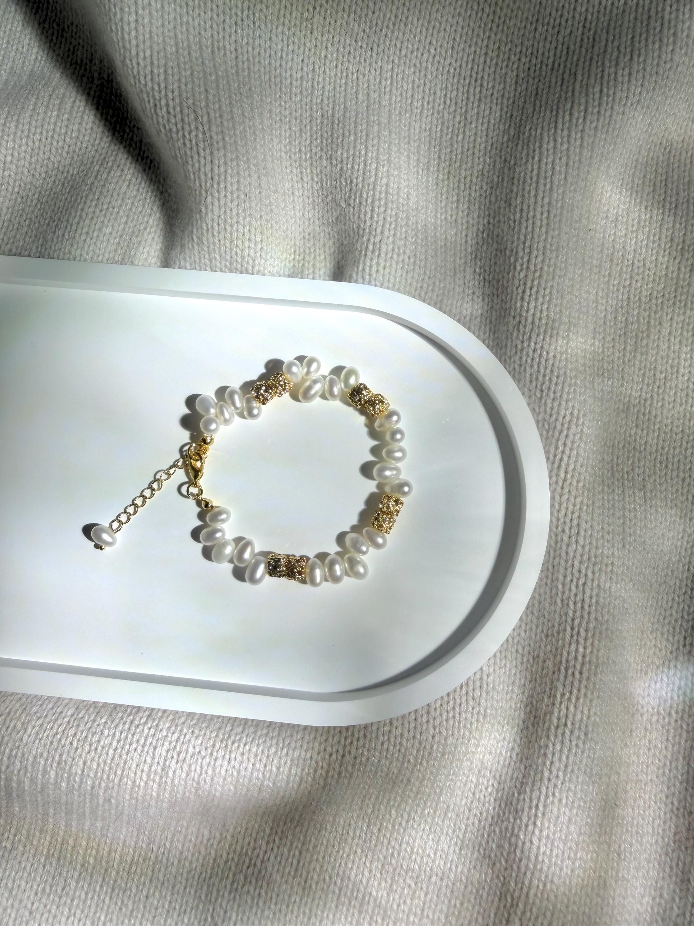 Aurora-Like Luster Pearl Bracelet Lava Inspired 18K Gold Plated Statement Modern Organic Elegant