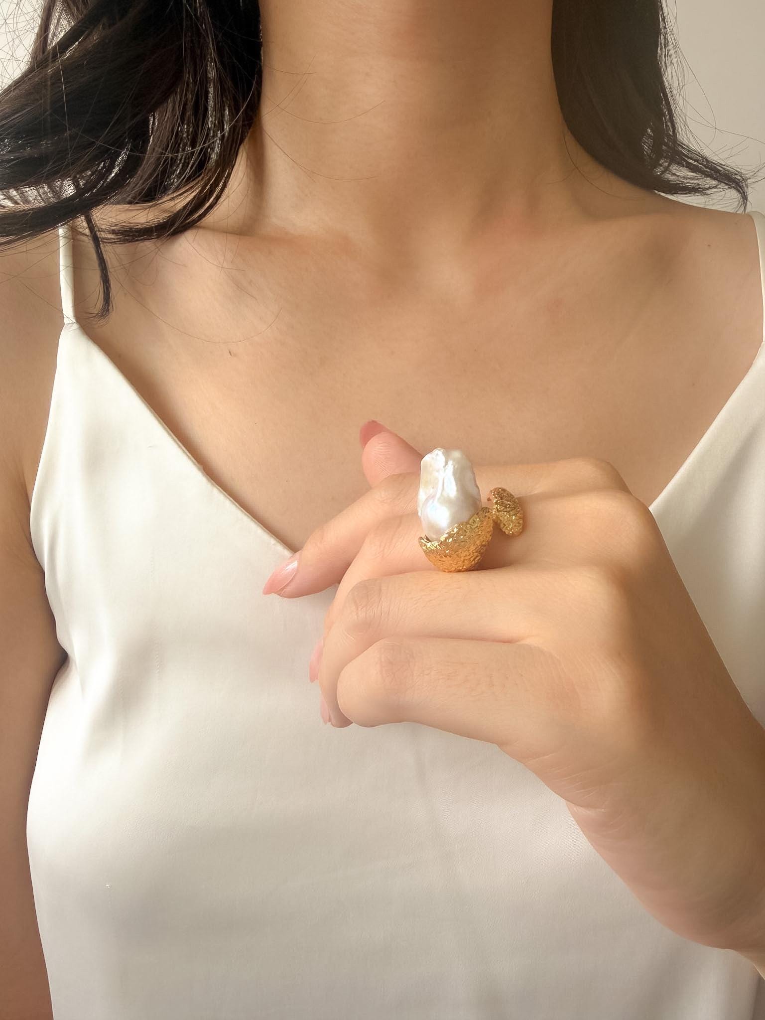 Sculptural Baroque Pearl Statement Ring, Textured 18k Gold Plated Band, Organic Freshwater Pearl