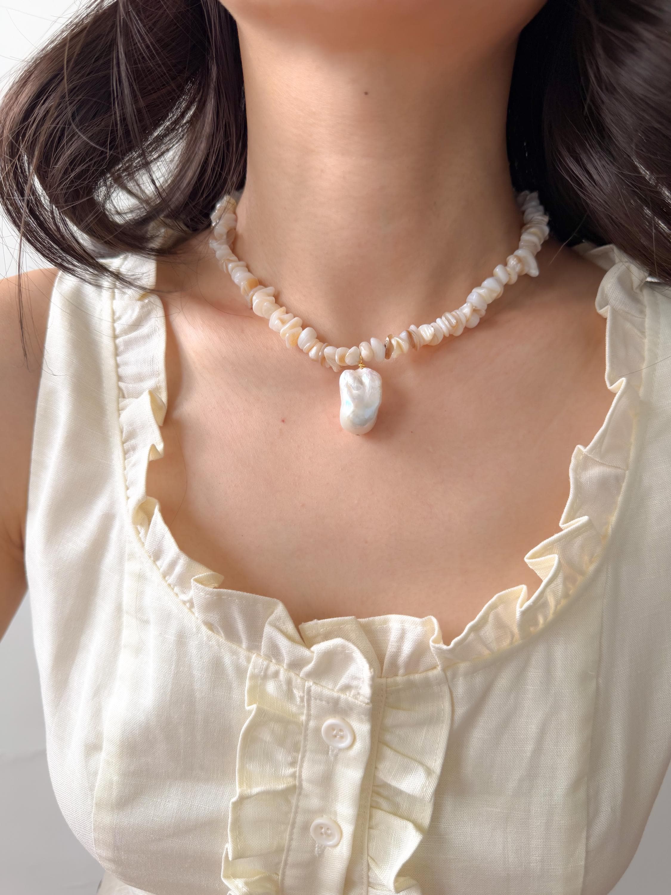 Coastal Baroque Pearl Necklace, Natural Shell Beads, Summer Pendant Jewelry
