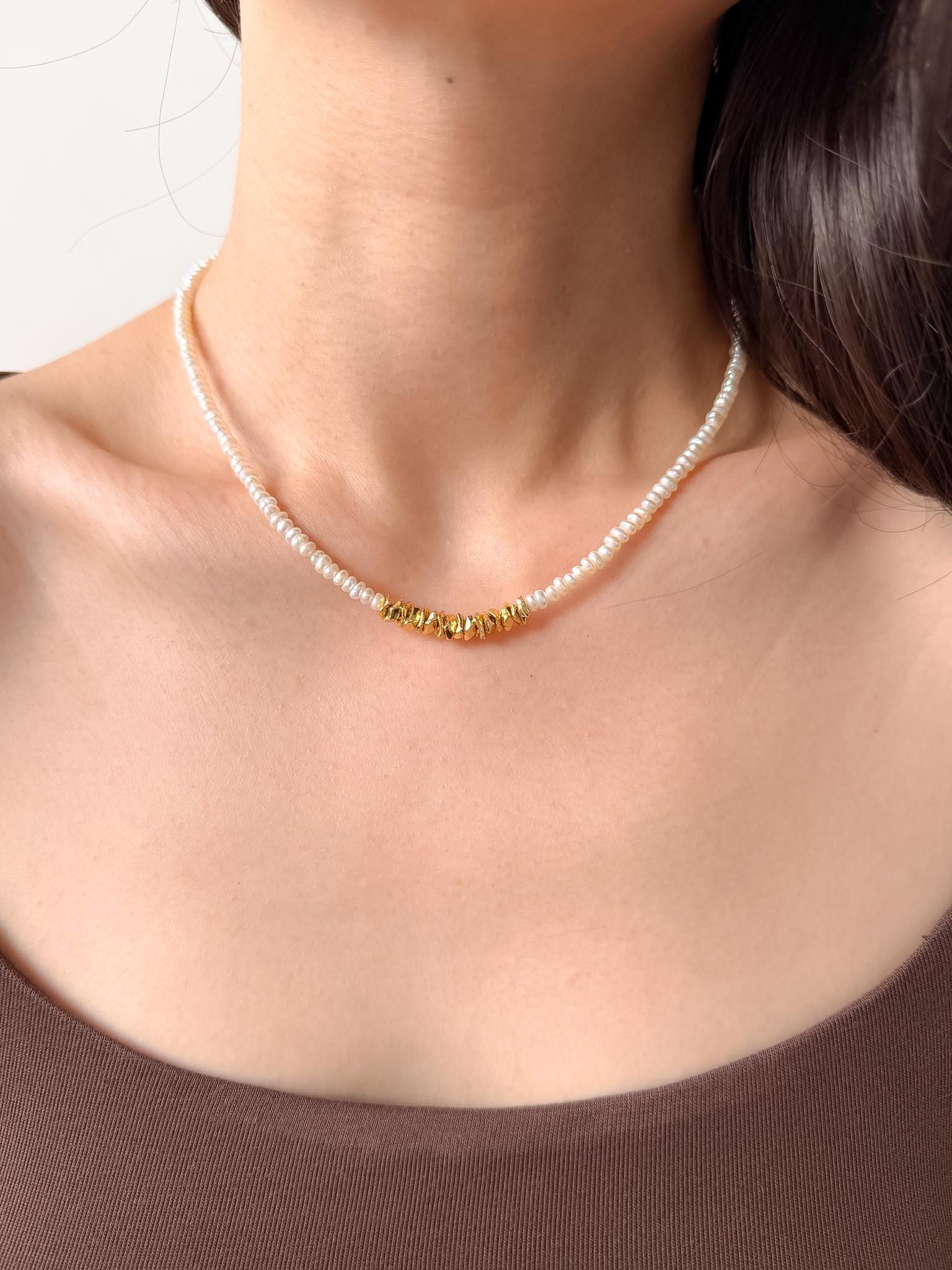 Baroque Freshwater Pearl Necklace, Gold-Toned Centerpiece, Elegant Minimalist Chain Jewelry