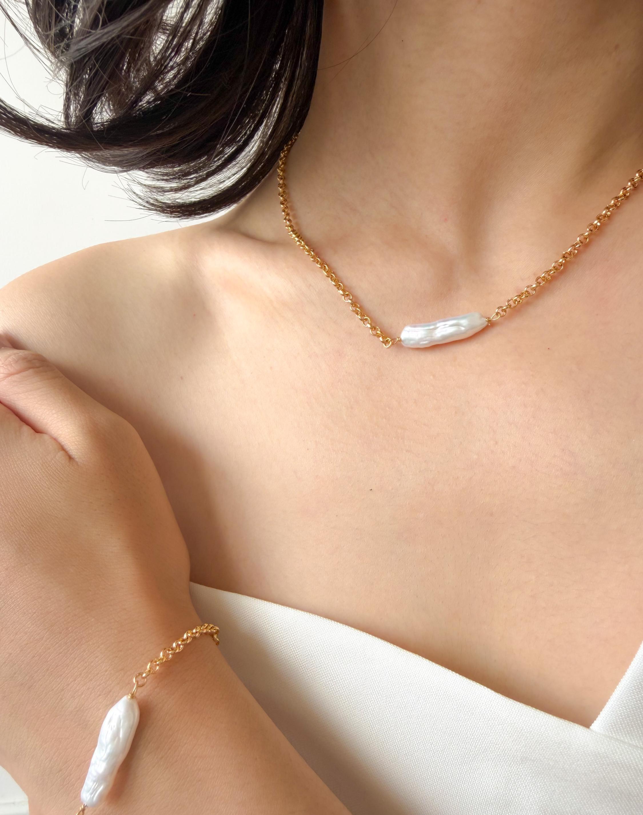 Baroque Keshi Pearl Bracelet, Gold Plated Chain, Minimalist