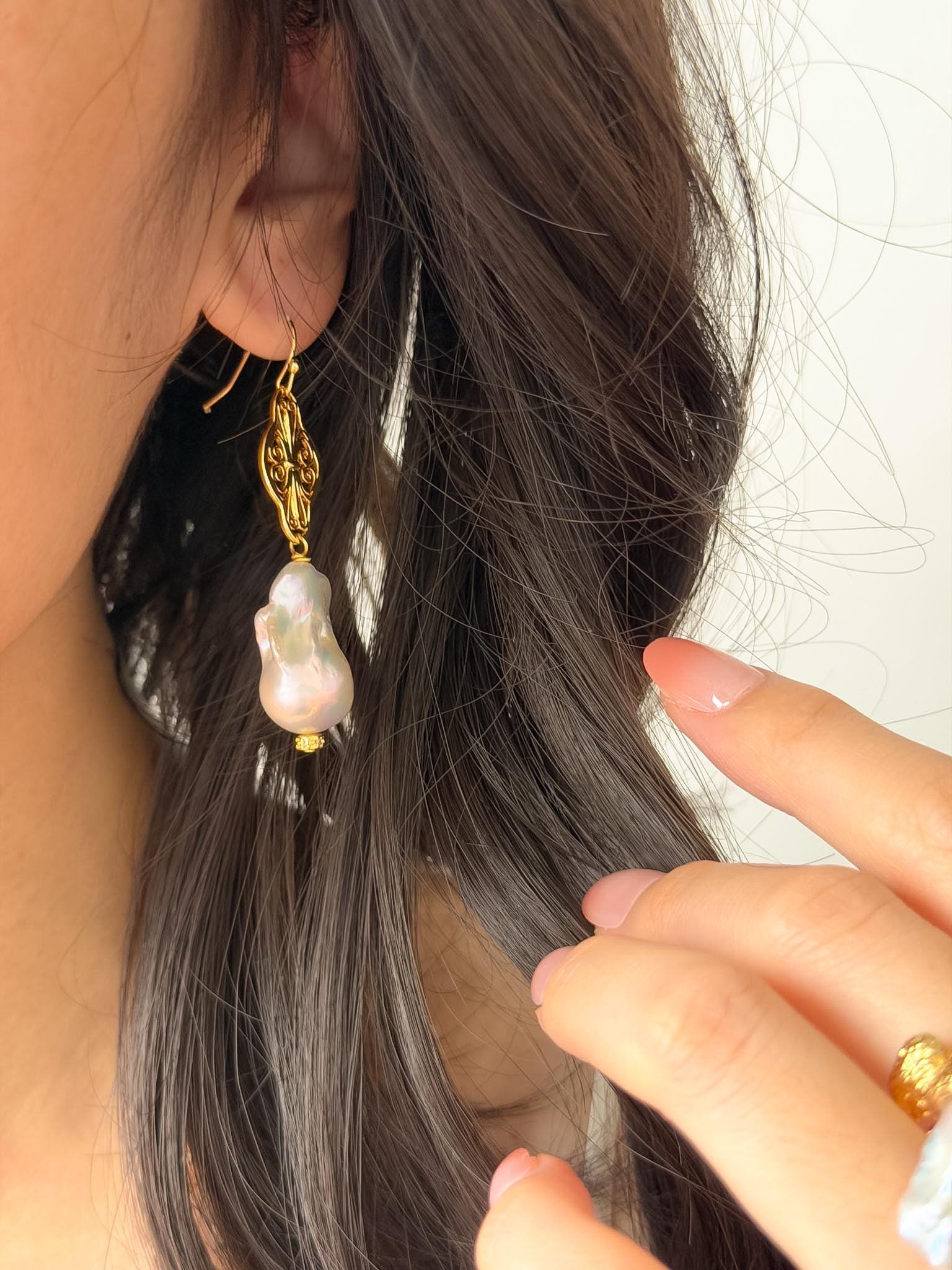 Baroque Pearl Drop Earrings 18K Gold Plated Vintage Filigree Organic Character