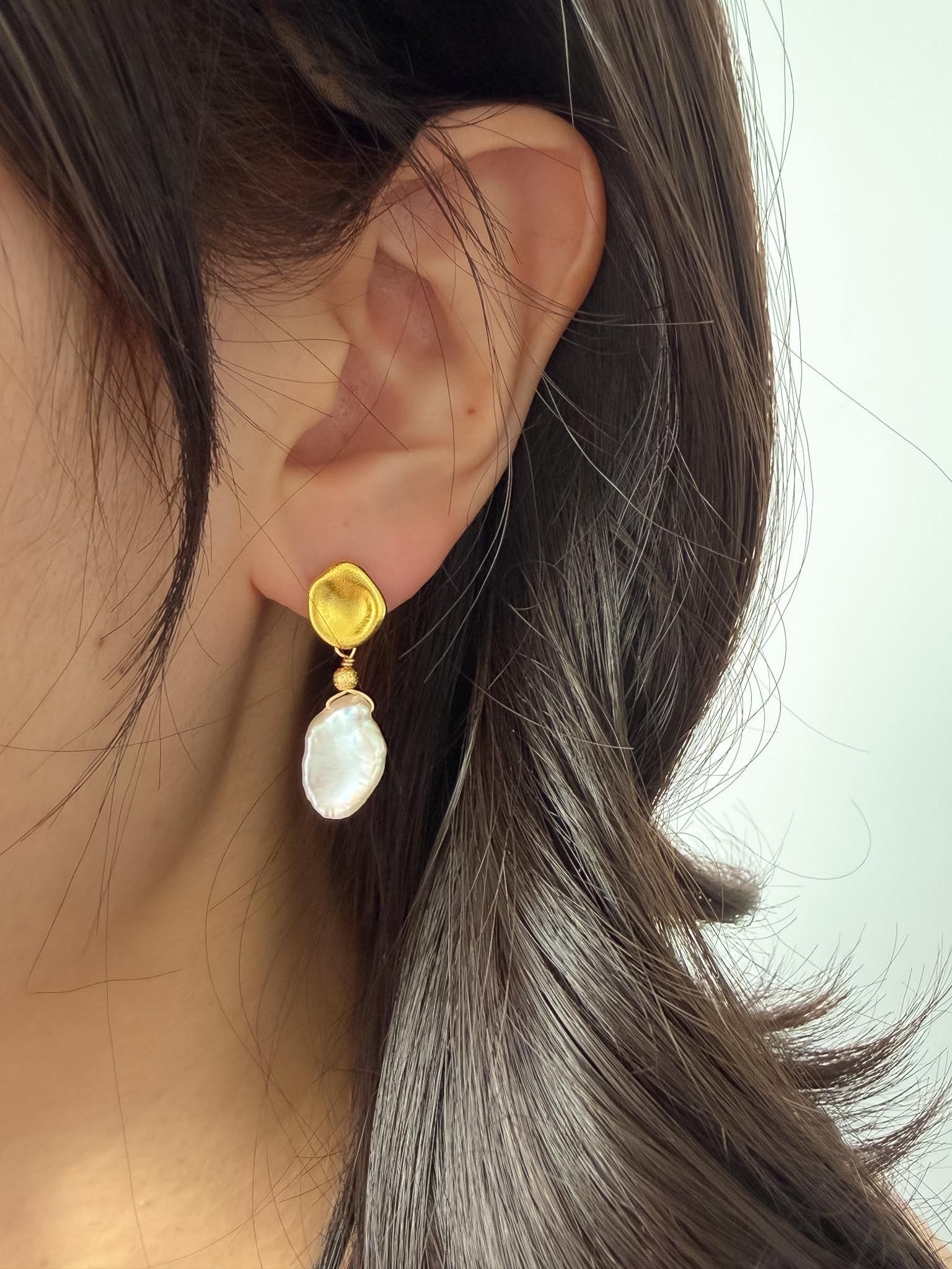 Baroque Keshi Pearl Drop Earrings, Modern Gold-Toned