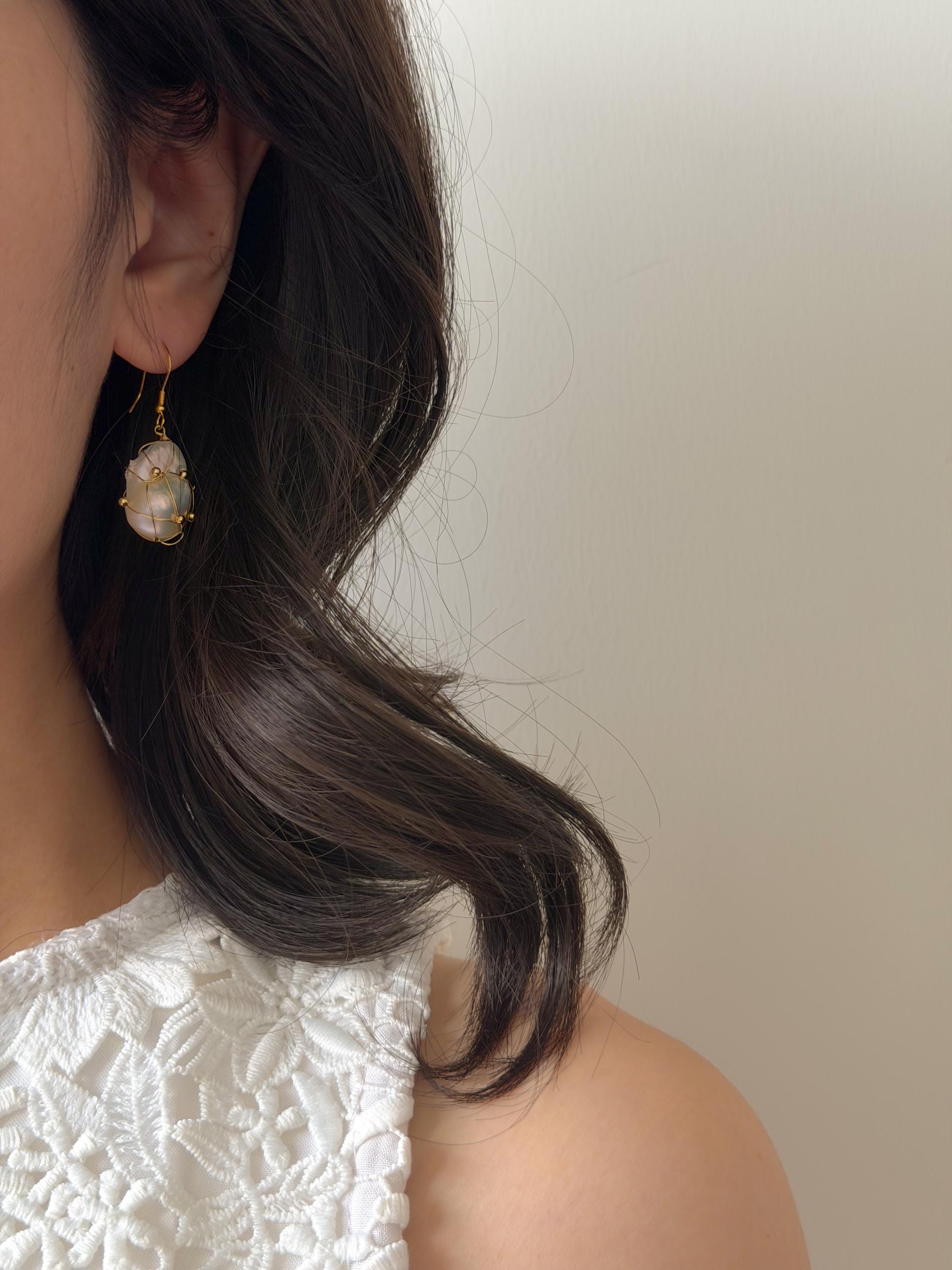 Wire Wrapped Baroque Pearl Drop Earrings, 18k Gold Plated