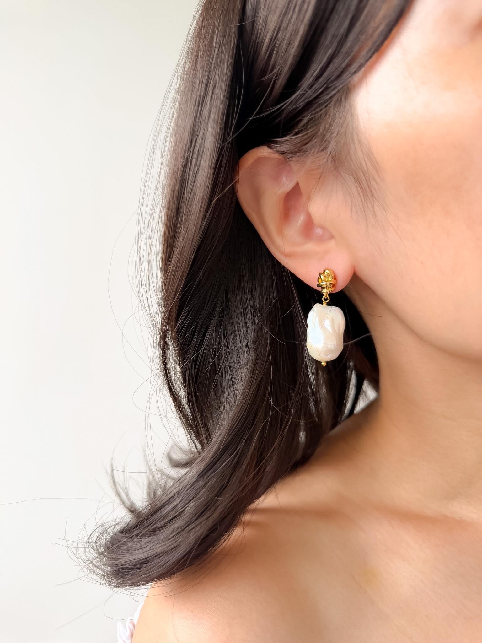 Large Baroque Pearl Drop Earrings, 18K Gold Plated Sculptural Accents, Vintage Style