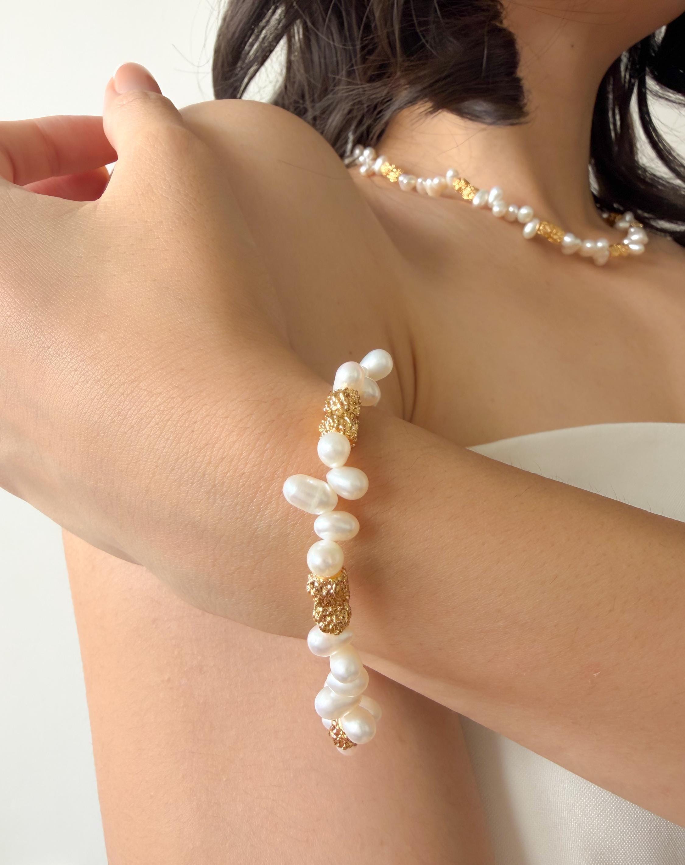 Aurora-Like Luster Pearl Bracelet Lava Inspired 18K Gold Plated Statement Modern Organic Elegant