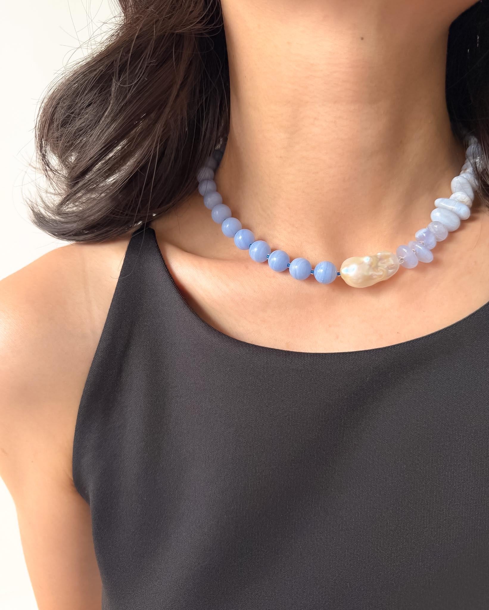 Ocean Inspired Blue Agate Necklace Baroque Pearl Quartz Summer Beach Elegant