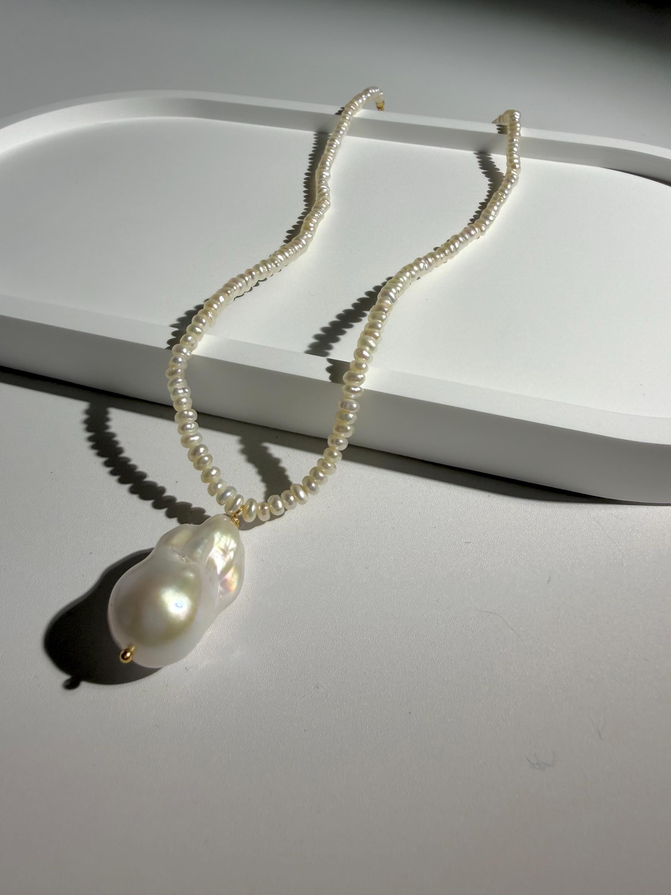 Long Freshwater Pearl Necklace, Baroque Pendant, Gold Clasp Detail