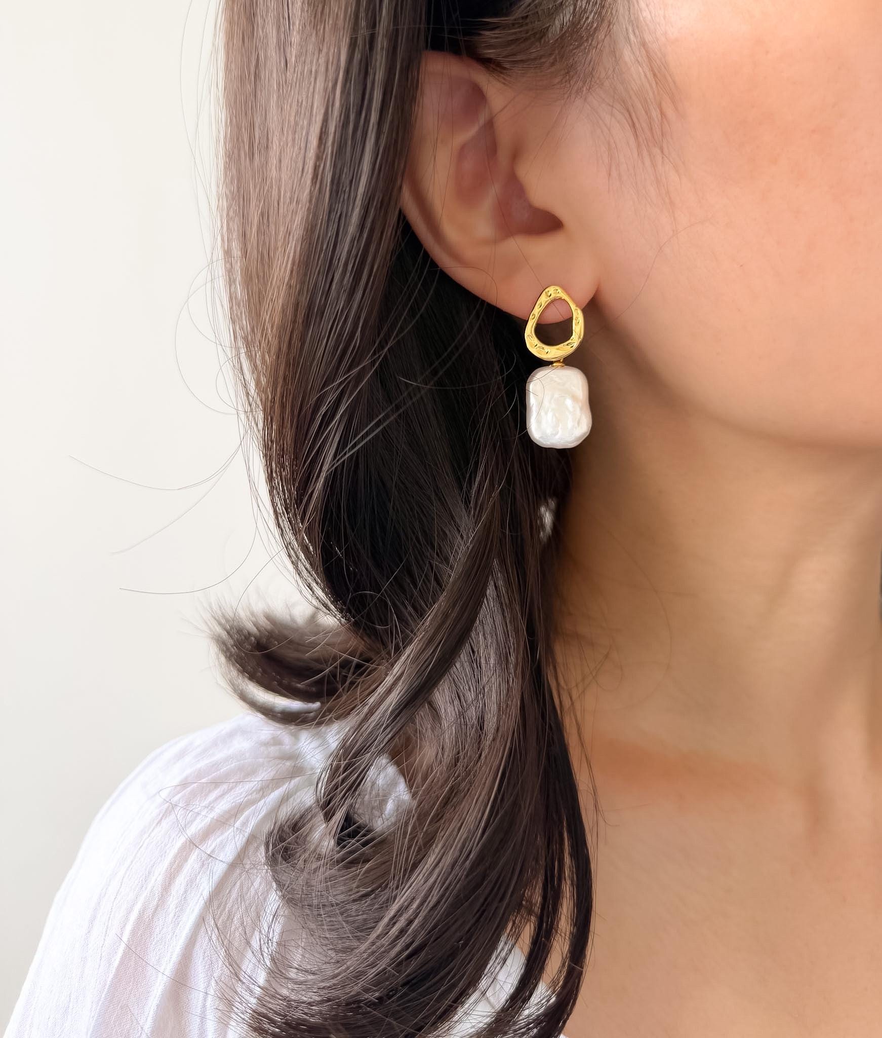 Baroque Pearl Drop Earrings: Modern 18k Gold Plated Sculptural Keshi Pearl Jewelry