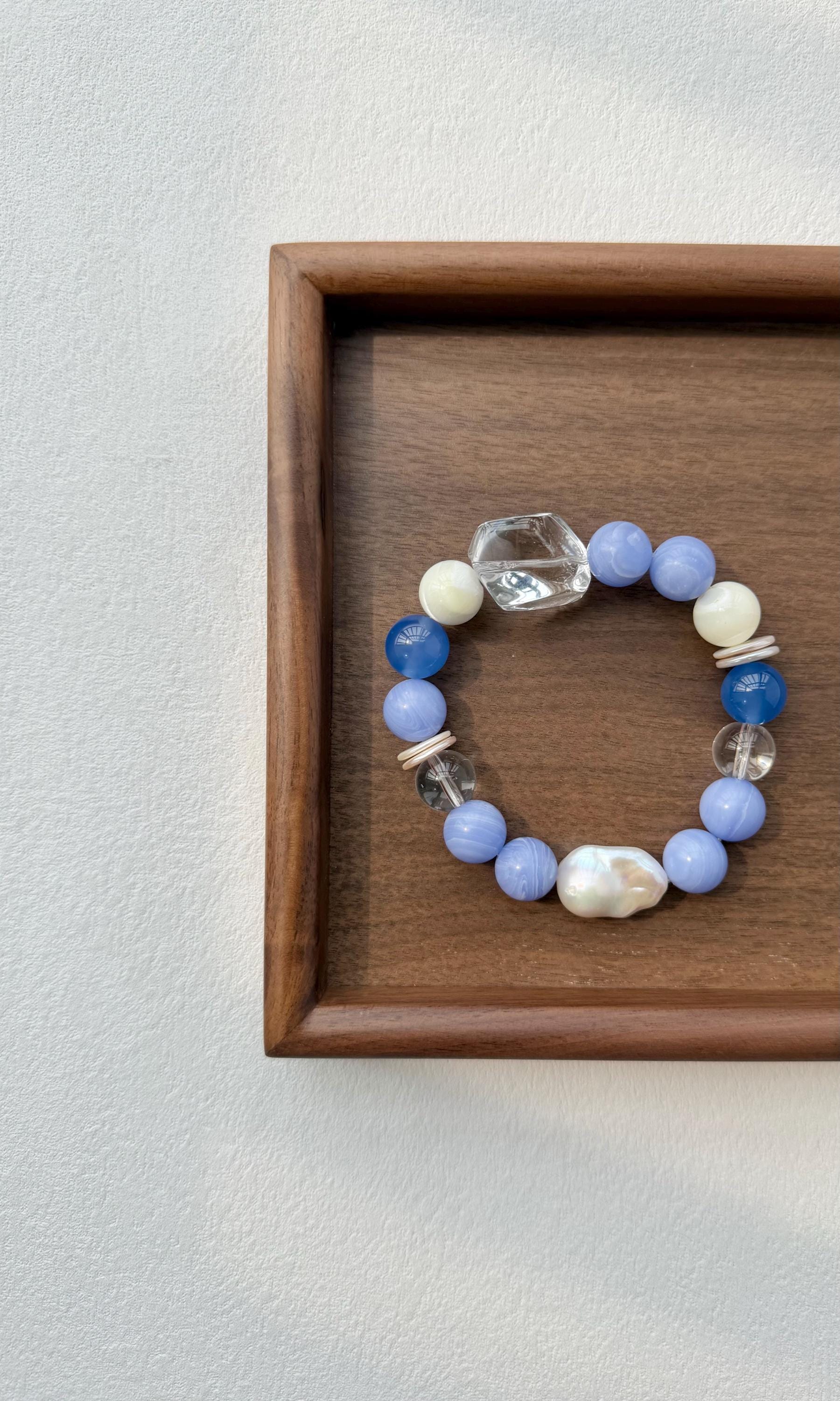 Blue Agate Baroque Pearl Bracelet, Freshwater Seaside Jewelry