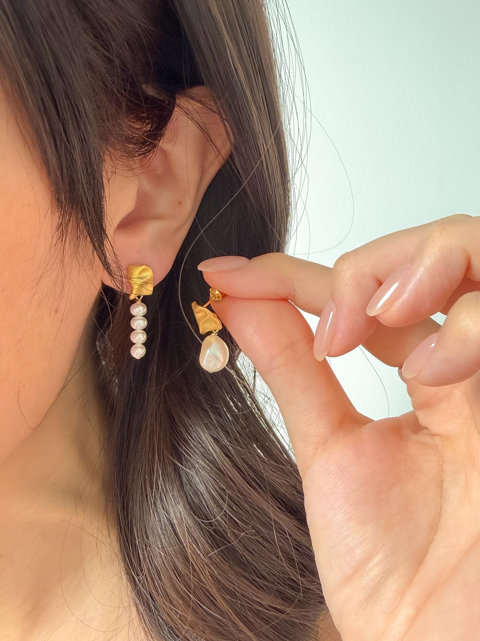Asymmetrical Baroque Pearl Drop Earrings, Gold Mismatched Statement