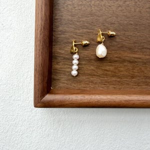 Asymmetrical Baroque Pearl Drop Earrings, Gold Mismatched Statement Jewelry