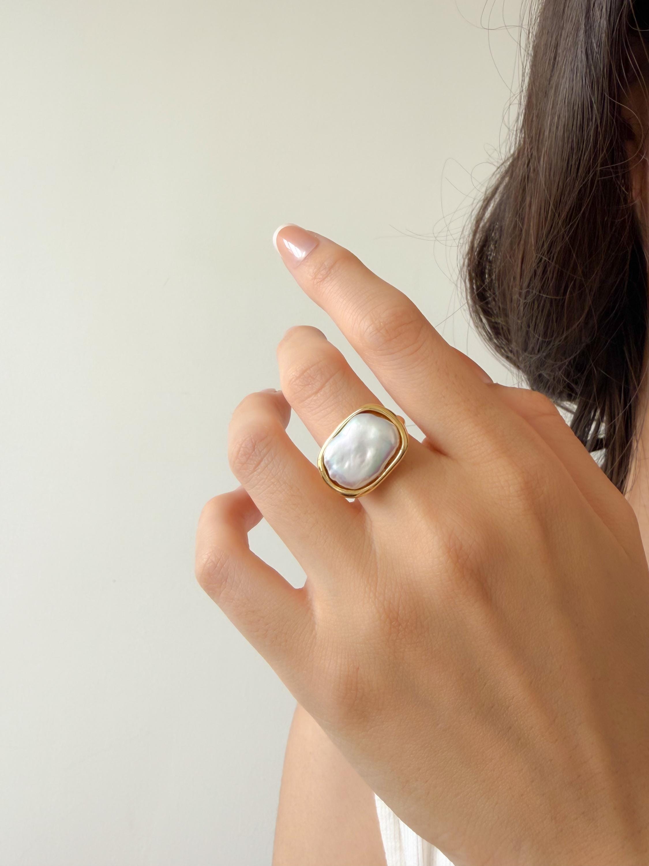 Baroque Keshi Pearl Ring, 18K Gold Plated, Adjustable Statement Ring, Everyday Wear