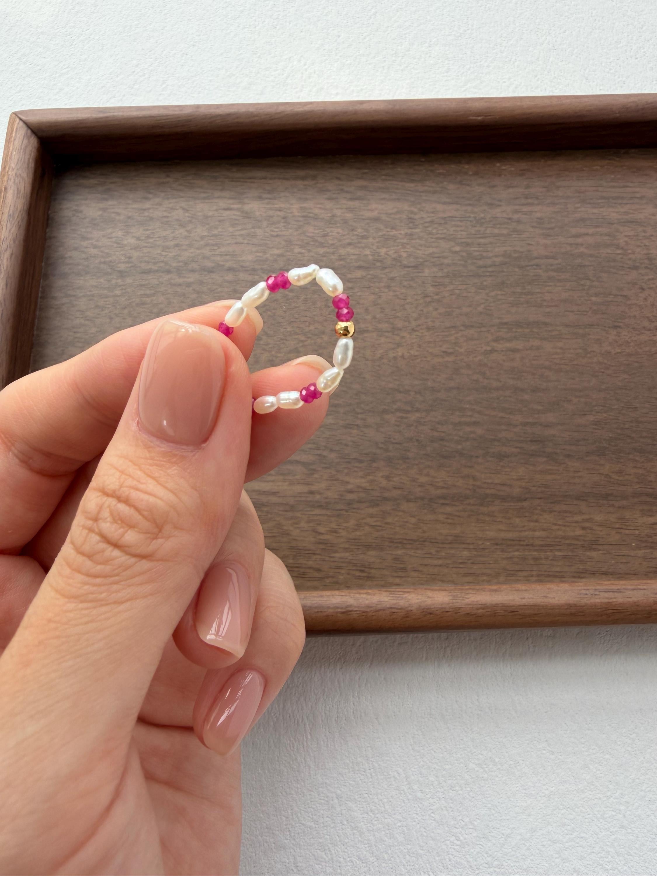 Freshwater Pearl Ring with Pink Accent Beads, Delicate Beaded Jewelry