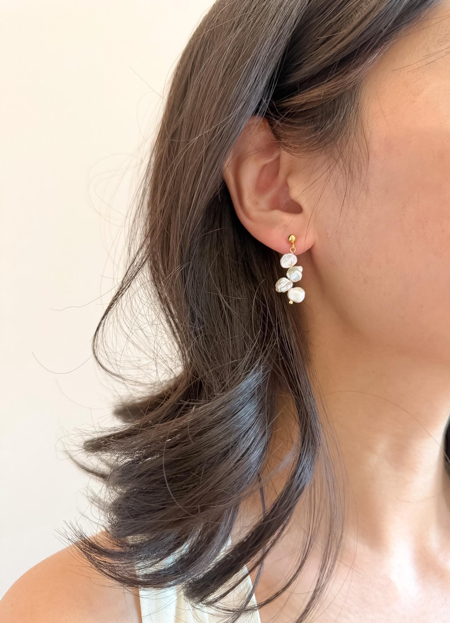 Keshi Pearl Cascade Earrings Flat Freshwater Pearls French Minimalist