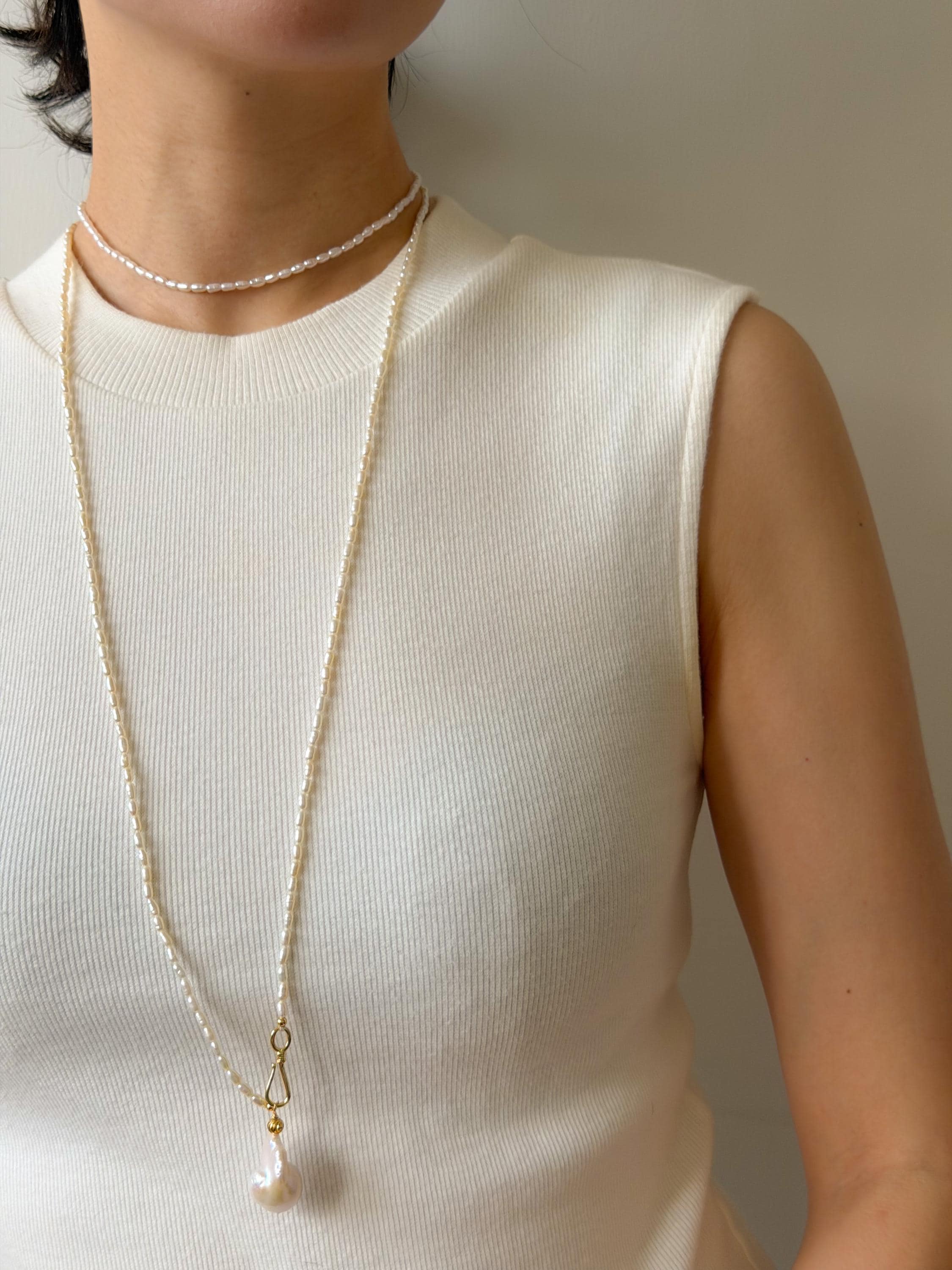Long Freshwater Pearl Necklace, Baroque Pendant, Gold Clasp Detail